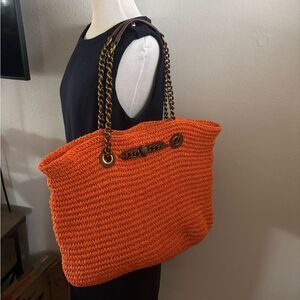 KURT GEIGER LONDON Chelsea Large Orange Raffia Open Top Shoulder Tote Bag
